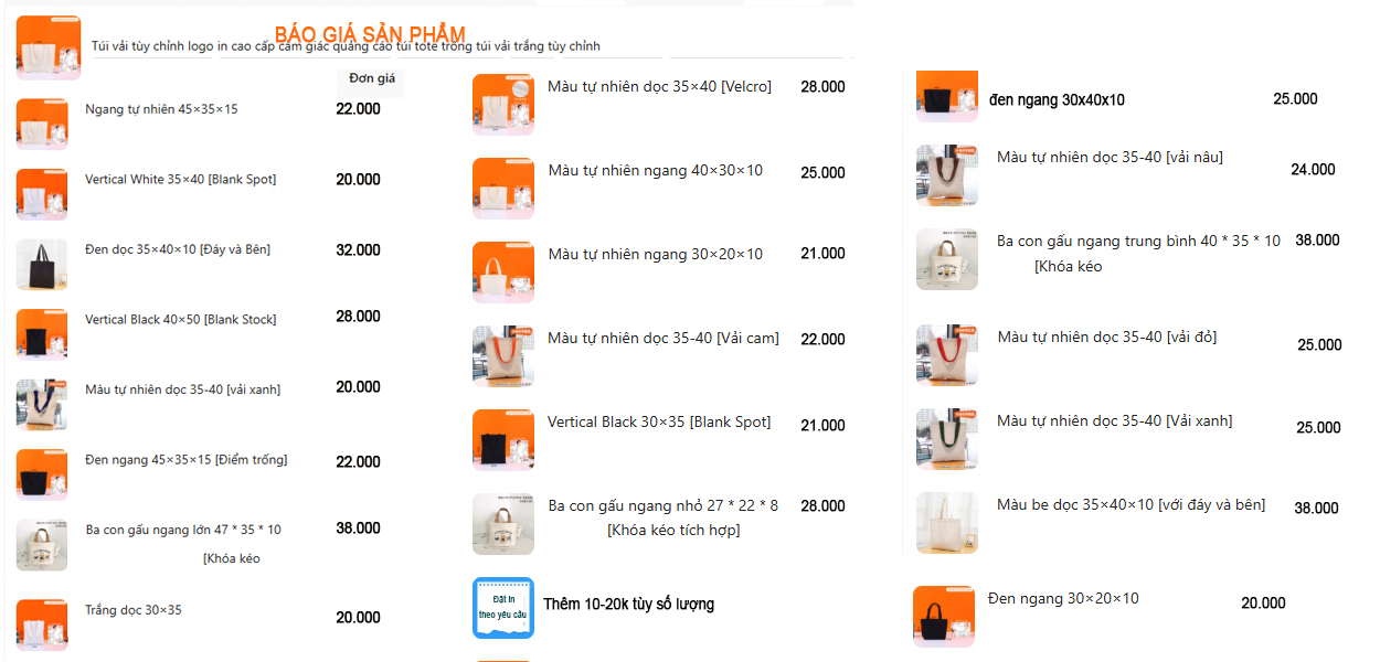 báo giá phôi in túi canvas, nhận in túi canvas